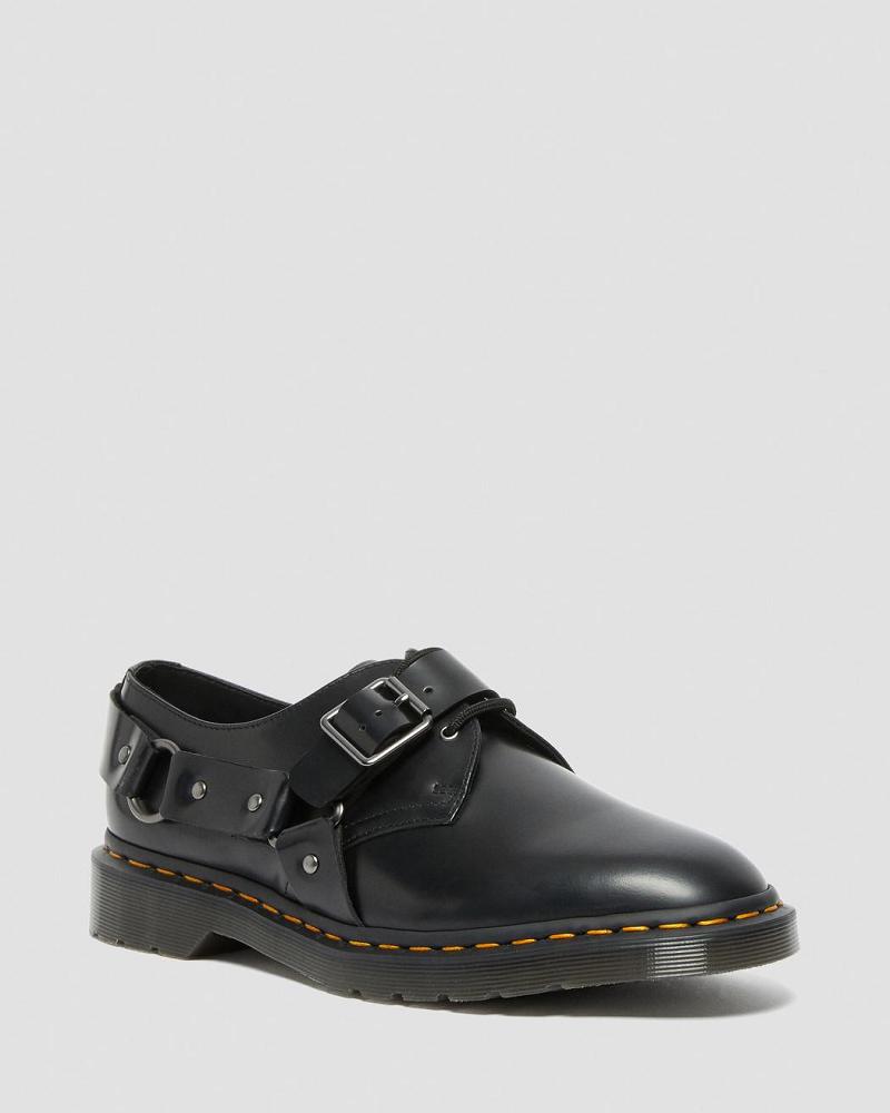 Black Men\'s Dr Martens Henree Polished Smooth Leather Buckle Shoes | CA 578UZG